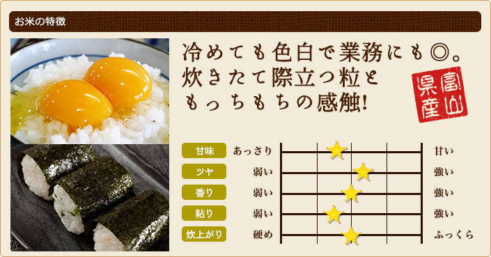 冷めても色白で業務にも◎。炊き立て際立つ粒ともっちもちの感触!